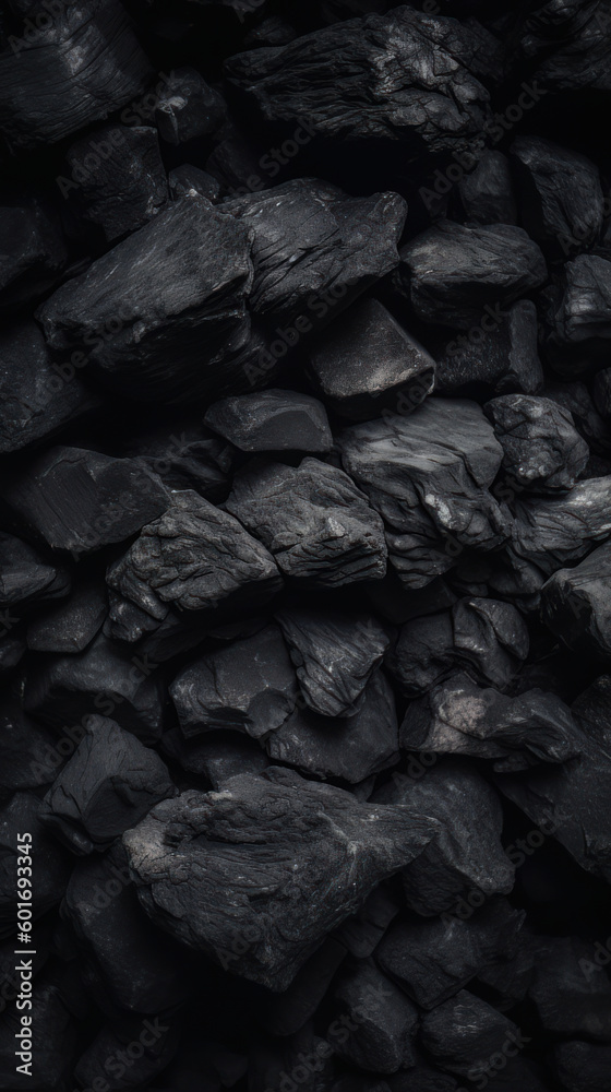 A close-up of a black rock texture forms a backdrop of this image. The surface, reminiscent of vintage slate or basalt, adds a natural and rustic element to the design. Stone wallpaper. Generative AI.