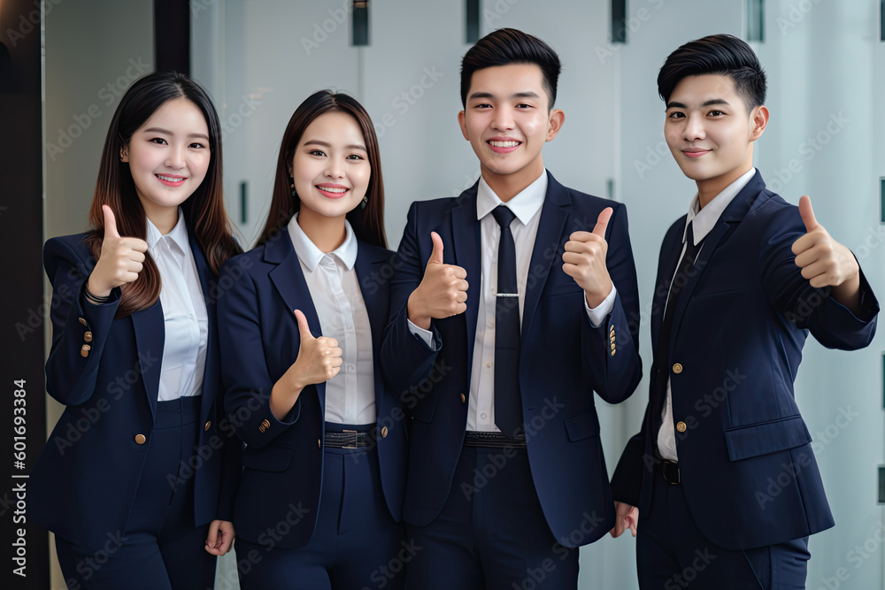 Group of happy business people showing thumbs up in office, asian. Generative AI