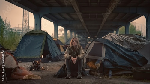Lonely homeless woman living under bridge in tent, dirty tramp was deceived by fraudsters estate agents and lost his housing, sad homeless vagrant woman lives on street in tent, generative AI