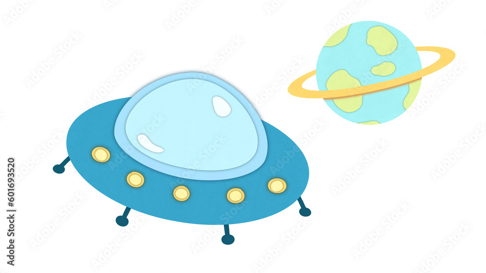 Planet with rings and unidentified UFO flying object spaceship. A flying saucer fly in space. Paper Texture kids cartoon illustration on isolated white background in style of cut paper Planet with rings and unidentified UFO flying object spaceship. A flying saucer fly in space. Paper Texture kids cartoon illustration on isolated white background in style of cut paper