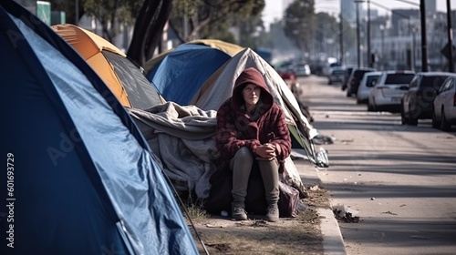 Lonely homeless woman living among road in tent, dirty tramp was deceived by fraudsters estate agents and lost his housing, sad homeless vagrant woman lives on street in tent, generative AI photo