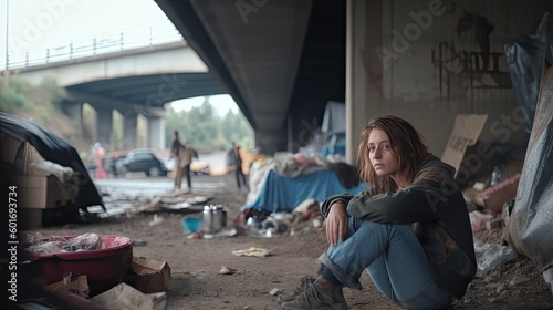 Lonely homeless woman living under bridge in tent, dirty tramp was deceived by fraudsters estate agents and lost his housing, sad homeless vagrant woman lives on street in tent, generative AI