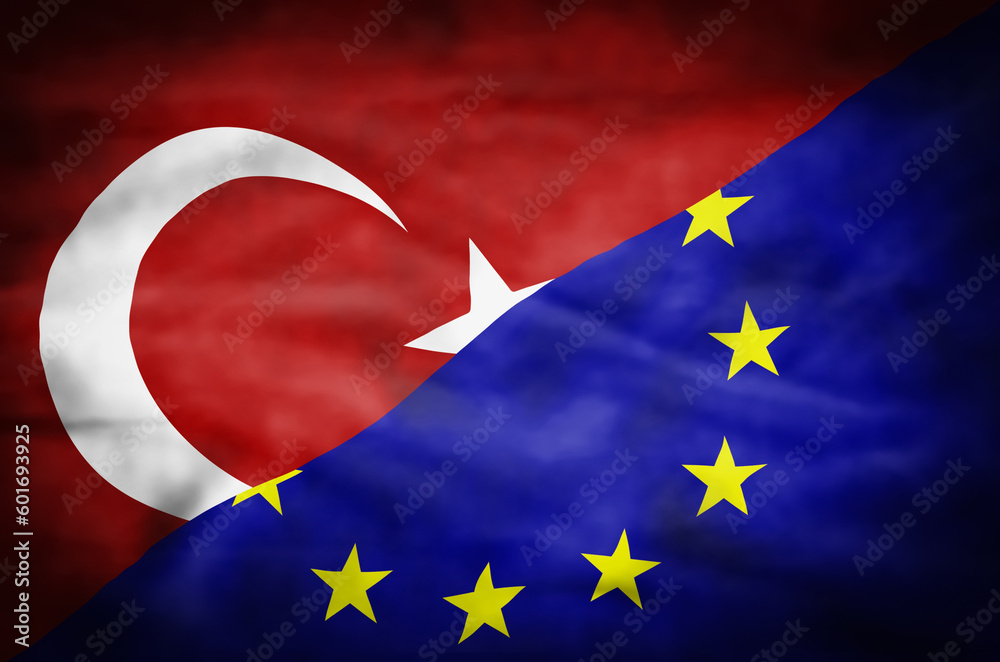 Turkey and European Union mixed flag. Wavy flag of Turkey and European Union fills the frame.