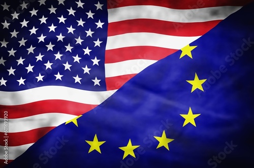 United States of America and European Union mixed flag. Wavy flag of United States of America and European Union fills the frame.