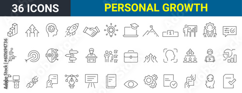 set of 36 vector line icons related to personal growth. Contains such Icons as Newbie, Skill Improvement, Professional Burnout and more. Editable stroke