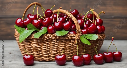 cherries in a beautiful basket. ai generation photo