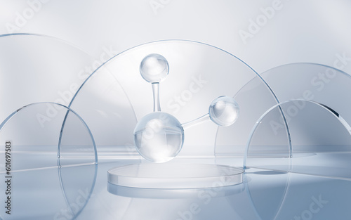Molecule with glass geometry background, 3d rendering. © Vink Fan