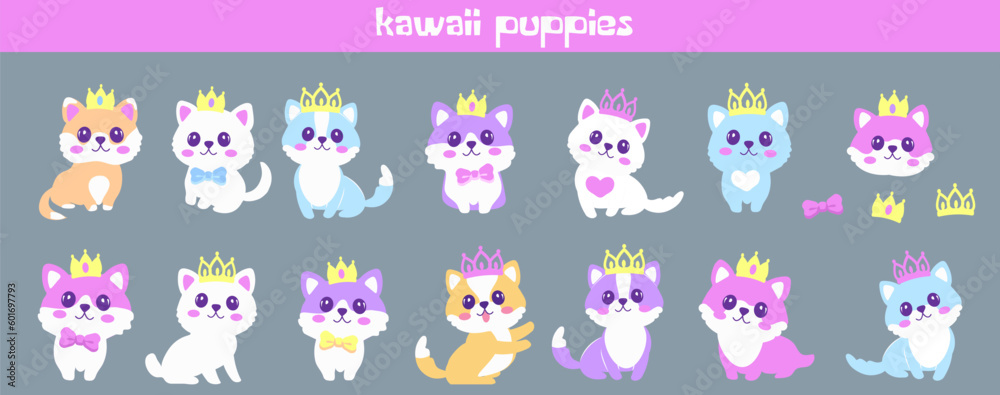 Set cute colorful kawaii kittens wearing crowns on pink background in flat vector style. Set cute colorful kawaii kittens wearing crowns on pink background in flat vector style.