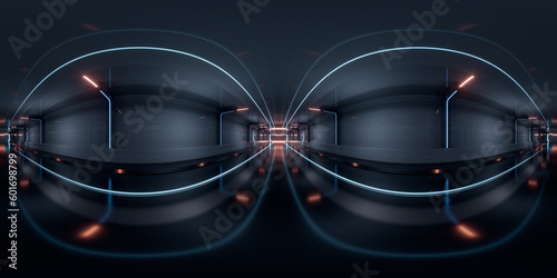 Dark tunnel with 360-degree seamless panoramic view. 3d rendering.