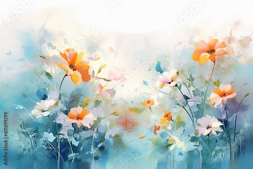 Colorful Flowers and Splatters Over White, Light Orange and Sky-Blue Style, Illustration for Various Purposes, Generative AI