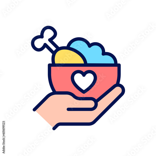 Food donation pixel perfect RGB color icon. Hunger relief organization. Food rescue program. Isolated vector illustration. Simple filled line drawing. Editable stroke. Arial font used