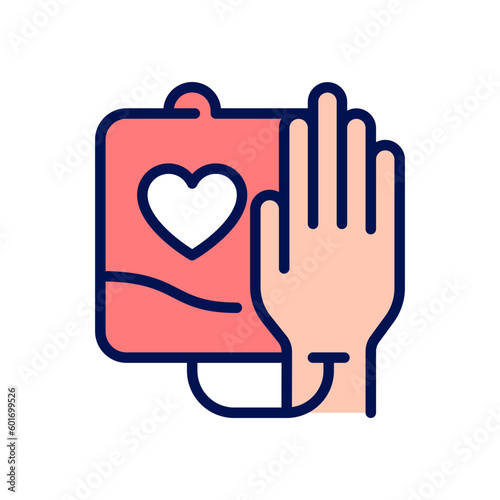 Blood donation pixel perfect RGB color icon. Charitable contribution. Voluntary procedure. Donating plasma. Isolated vector illustration. Simple filled line drawing. Editable stroke. Arial font used