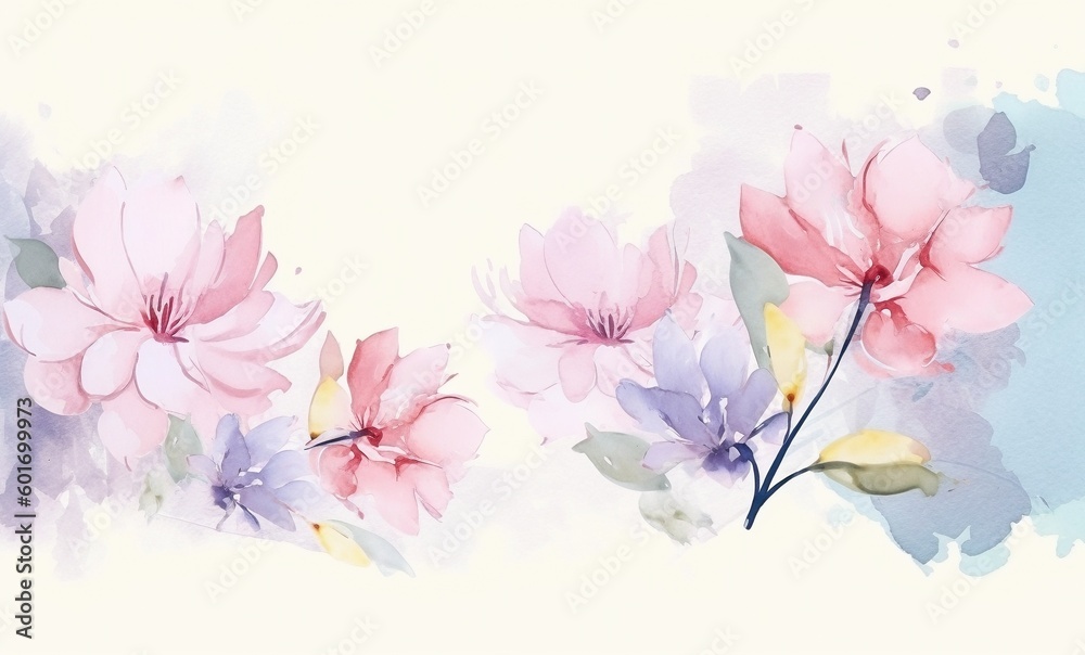 Spring watercolor flowers with watercolor texture. Design illustrations for wallpaper, banners, print, posters, cover, greeting card, Generative Ai