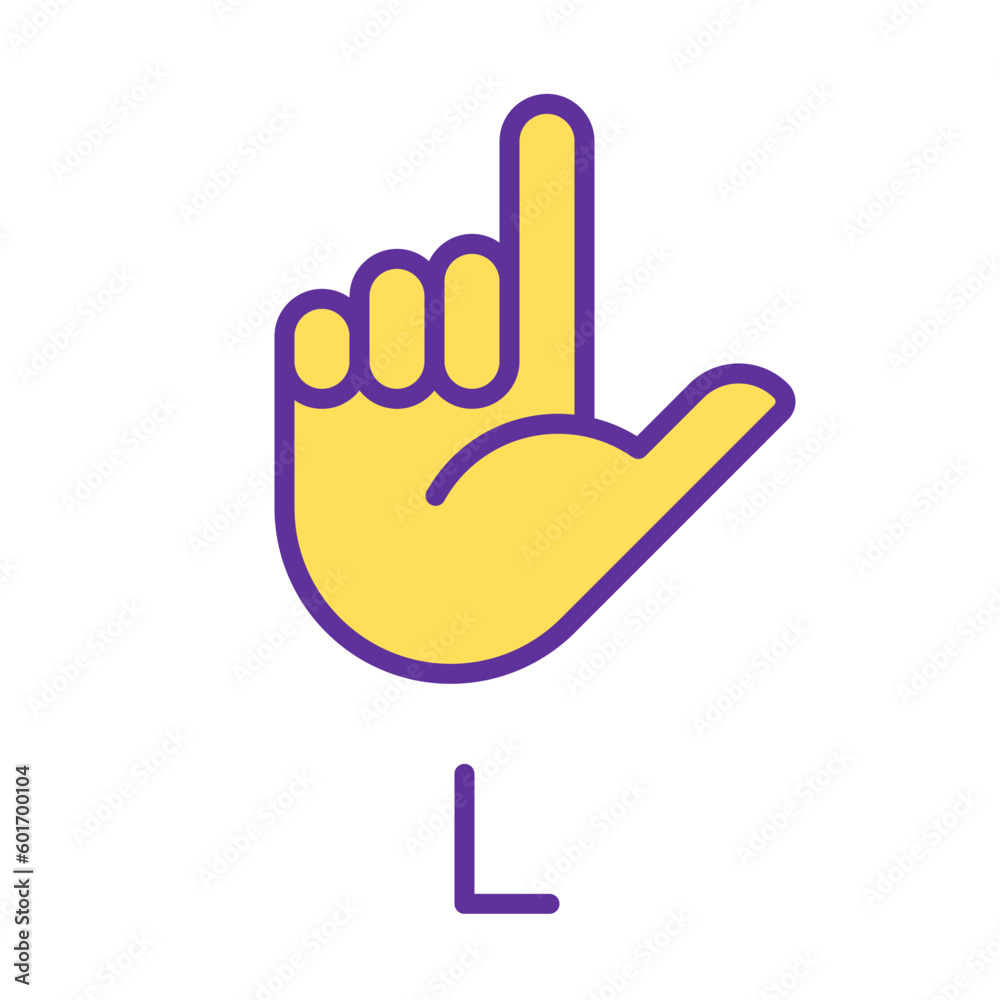 Letter L in American sign language pixel perfect RGB color icon. Communication system element. Isolated vector illustration. Simple filled line drawing. Editable stroke. Arial font used Letter L in American sign language pixel perfect RGB color icon. Communication system element. Isolated vector illustration. Simple filled line drawing. Editable stroke. Arial font used