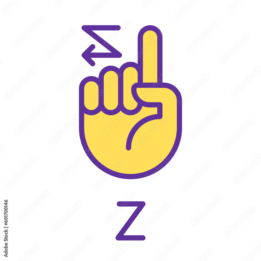 Signing letter Z in ASL pixel perfect RGB color icon. American nonverbal language. Dealing with deafness. Isolated vector illustration. Simple filled line drawing. Editable stroke. Arial font used Signing letter Z in ASL pixel perfect RGB color icon. American nonverbal language. Dealing with deafness. Isolated vector illustration. Simple filled line drawing. Editable stroke. Arial font used