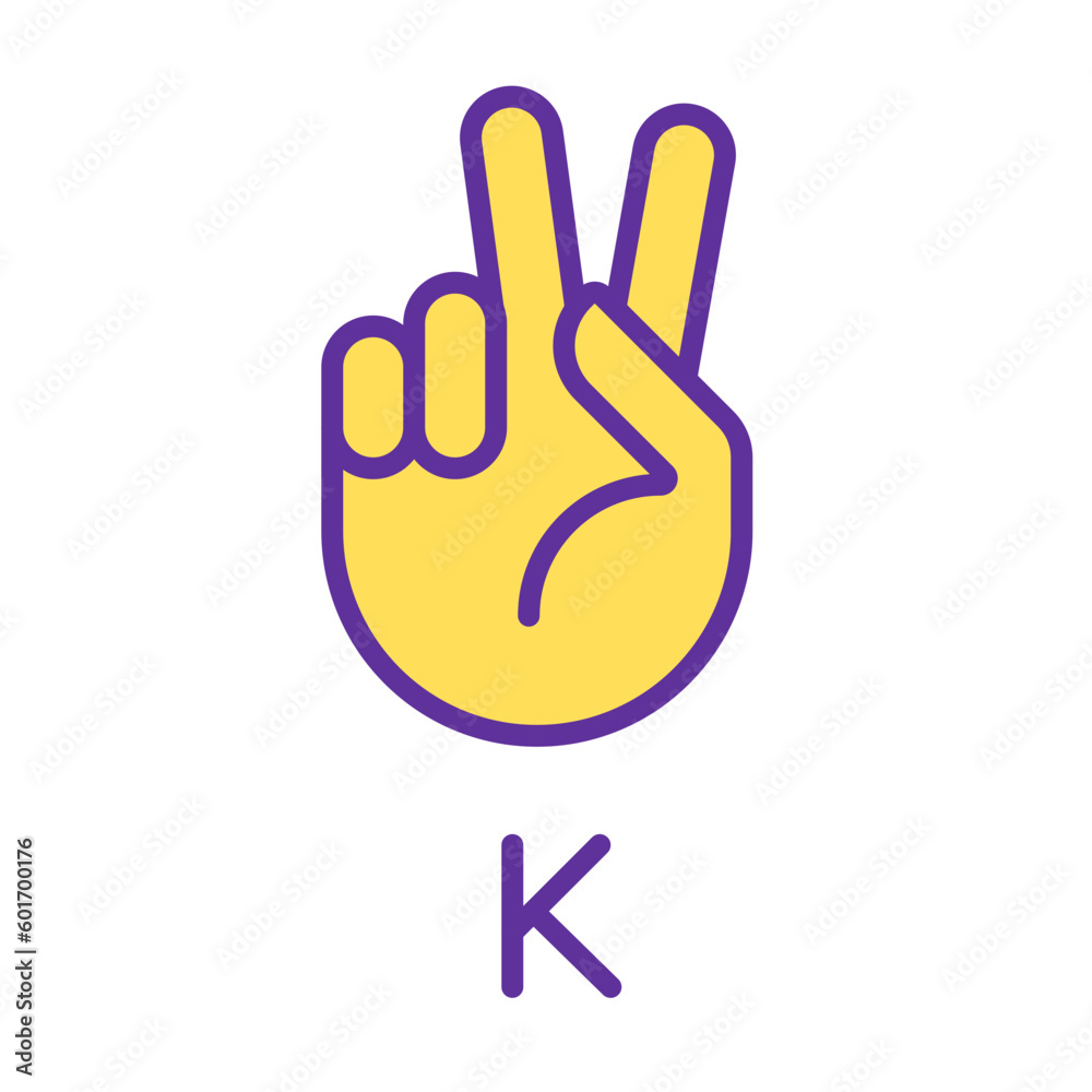 Letter K sign in ASL pixel perfect RGB color icon. Nonverbal communication. Patients with deafness care. Isolated vector illustration. Simple filled line drawing. Editable stroke. Arial font used Letter K sign in ASL pixel perfect RGB color icon. Nonverbal communication. Patients with deafness care. Isolated vector illustration. Simple filled line drawing. Editable stroke. Arial font used