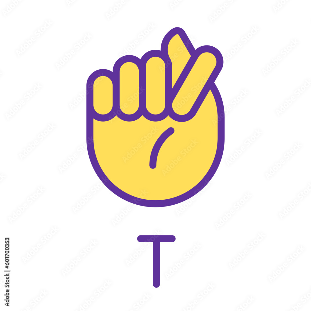 Letter T sign in ASL pixel perfect RGB color icon. Words building. Communication modality. Isolated vector illustration. Simple filled line drawing. Editable stroke. Arial font used Letter T sign in ASL pixel perfect RGB color icon. Words building. Communication modality. Isolated vector illustration. Simple filled line drawing. Editable stroke. Arial font used