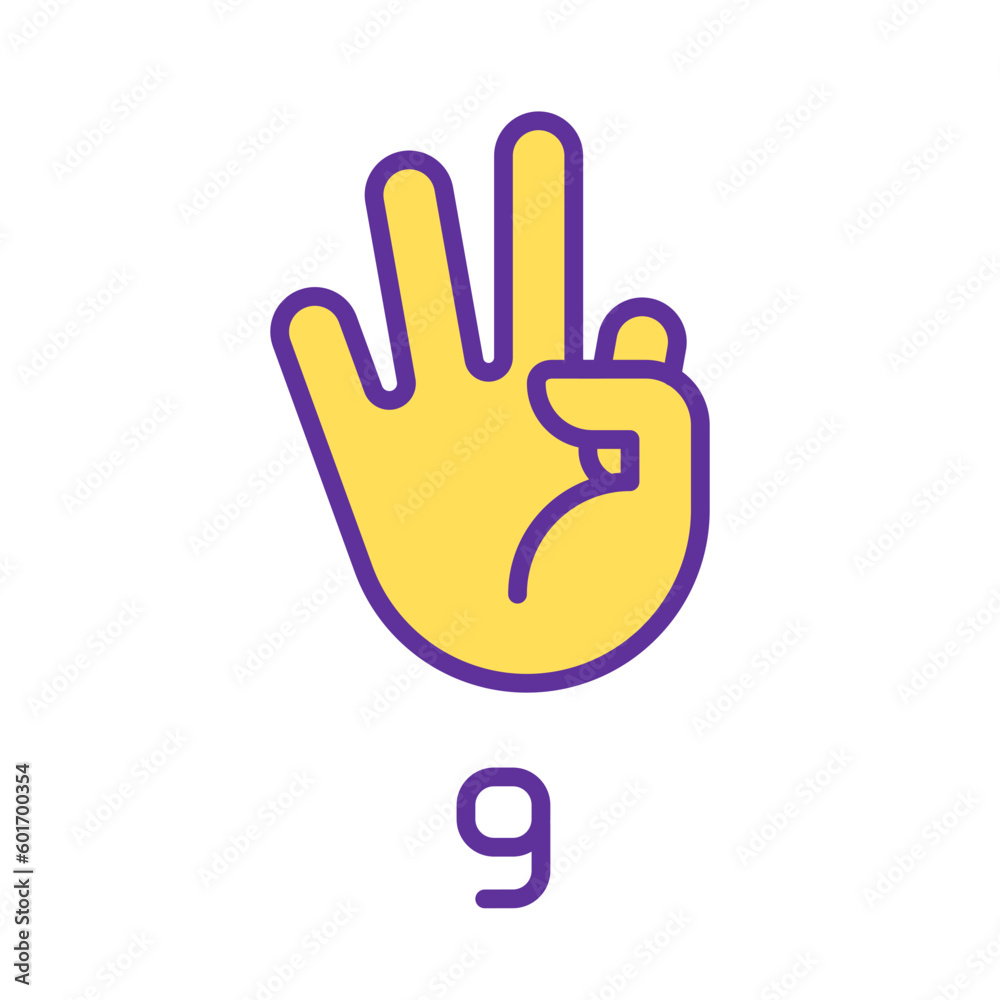 Signing digit nine in ASL pixel perfect RGB color icon. Non verbal language system. Communication. Isolated vector illustration. Simple filled line drawing. Editable stroke. Arial font used Signing digit nine in ASL pixel perfect RGB color icon. Non verbal language system. Communication. Isolated vector illustration. Simple filled line drawing. Editable stroke. Arial font used