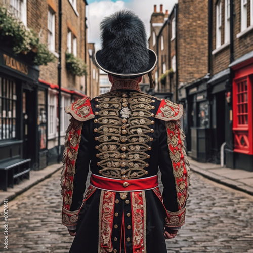 Back view of an English soldier Beefeater. Generative AI. photo