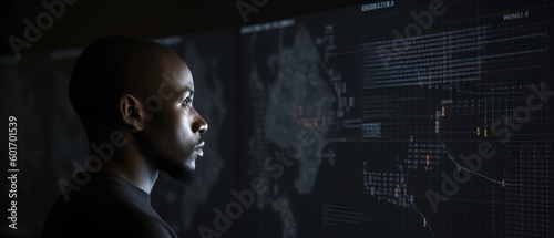 African American man programmer looking at lines of code on a screen. Generative ai