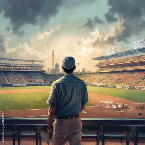 Man in a baseball stadium. Generative AI.