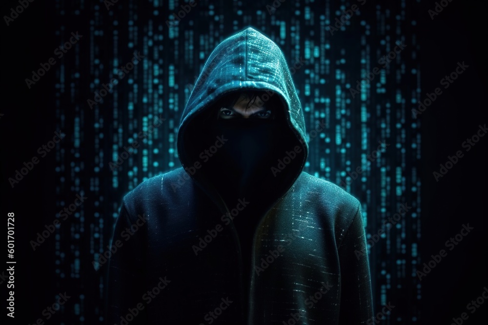 Hacker on blue digital background. Internet, cyber crime, cyber attack, system, game, breaking and malware concept. Dark background. Futuristic holographic interface to display data. Generative ai