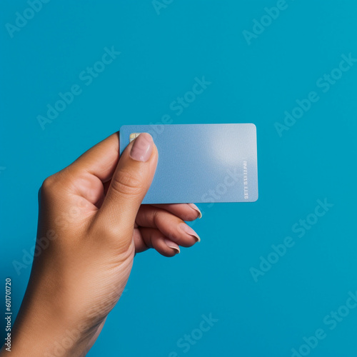 Hands picking up a credit card on a blue background. Generative AI.