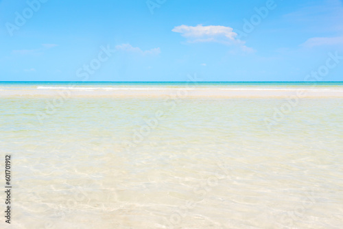 Landscape view of beach and sea in sunny day. Tropical sea and blue sky