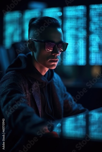 Hacking. Hacker makes a hacker attack near the laptop. Internet hacking. Concept - a member of a hacker group. Geek in a dark room. Concept - computer geek. Man in front of a computer. Generative ai