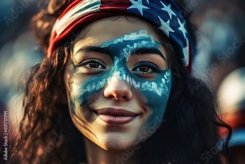 Joyful fan girl in the colors of the U.S in a crowd of fans. Flag of USA on his face. Generative ai © kaznadey