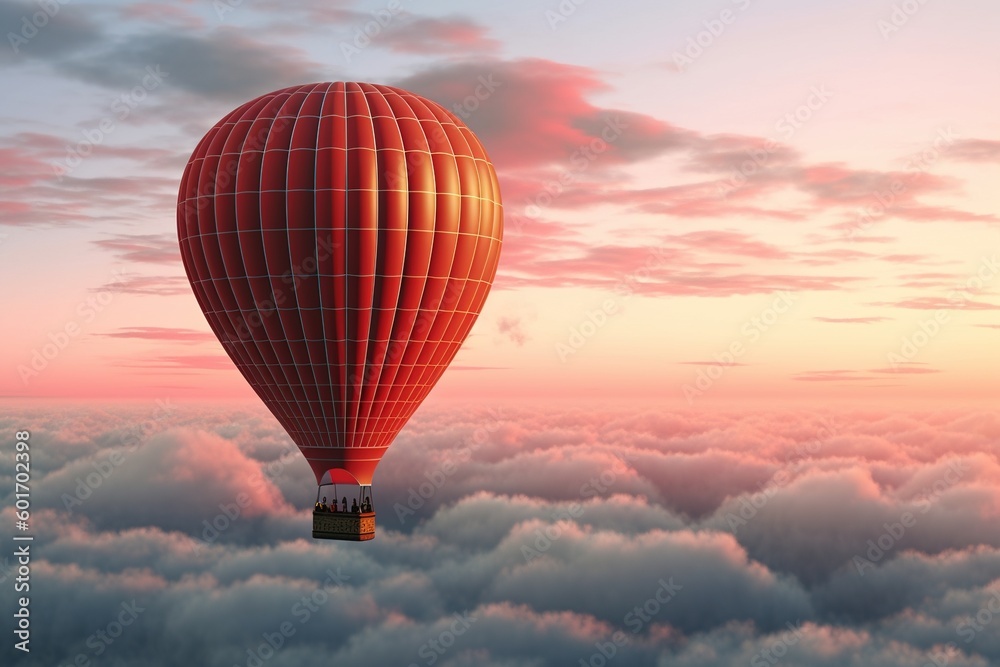 Fototapeta premium Lonely hot air balloon floating on the sky above the clouds. Generative ai