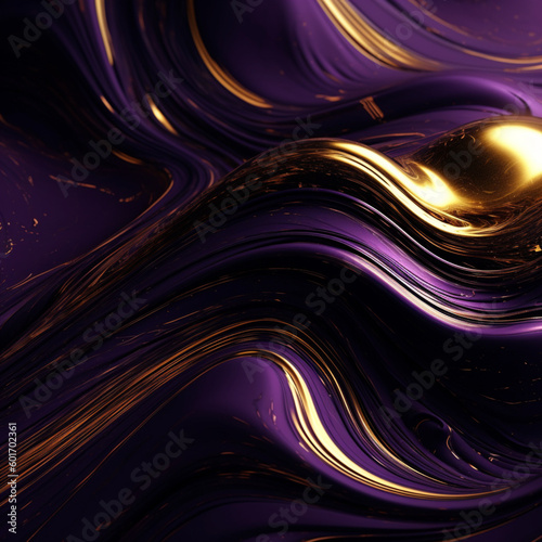 Fond, arrière-plan effet texturé peinture liquide violette et dorée. Matière, flux en mouvement. Violet et or. Conception graphique, bannière.
