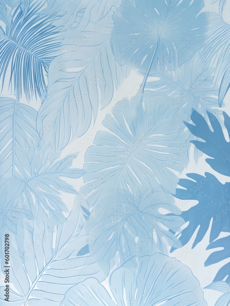 The backdrop of tropical leaves is dappled in varying shades of blue. This abstract design plays with light and shadow to create a natural texture. Bright, exotic spirit of summer. Generative AI. The backdrop of tropical leaves is dappled in varying shades of blue. This abstract design plays with light and shadow to create a natural texture. Bright, exotic spirit of summer. Generative AI.