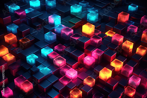Obraz na plátne Abstract 3d background, Neon cubes, Generative ai