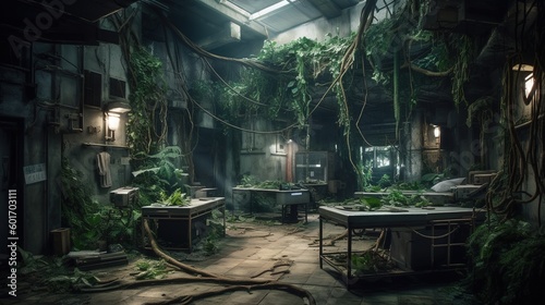 Jungle in abandoned hospital after post-apocalyptic. Generative AI