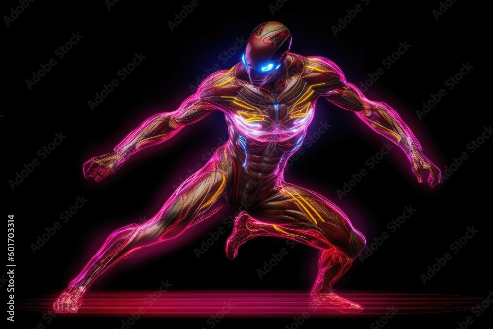 Sportive man plays video or computer game or is in metaverse with immersive technology virtual reality, VR headset, transforms in Superhero, Created with Generative AI
