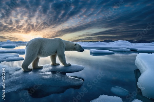 Polar Bear climbing onto melting iceberg. A Disappearing World  A Polar Bear on a Melting Ice Floe in Antarctica. Global warming. Generative ai