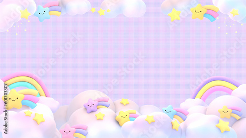 3d rendered kawaii stars, rainbows, and clouds frame on a purple plaid background.