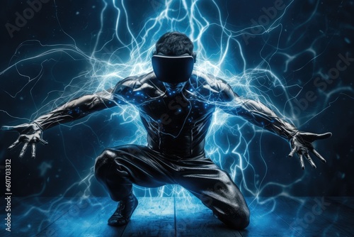 Sportive man plays video or computer game or is in metaverse with immersive technology virtual reality, VR headset, transforms in Superhero, Created with Generative AI
