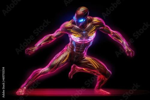 Sportive man plays video or computer game or is in metaverse with immersive technology virtual reality, VR headset, transforms in Superhero, Created with Generative AI 