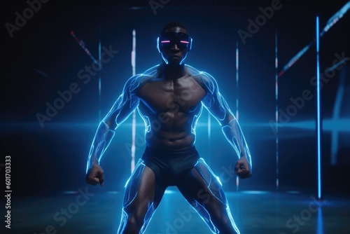 Sportive man plays video or computer game or is in metaverse with immersive technology virtual reality, VR headset, transforms in Superhero, Created with Generative AI  © Peter