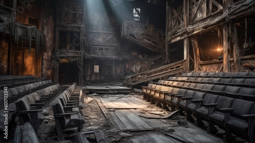 A post-apocalyptic ruined theater. The concept of the apocalypse. Generative AI