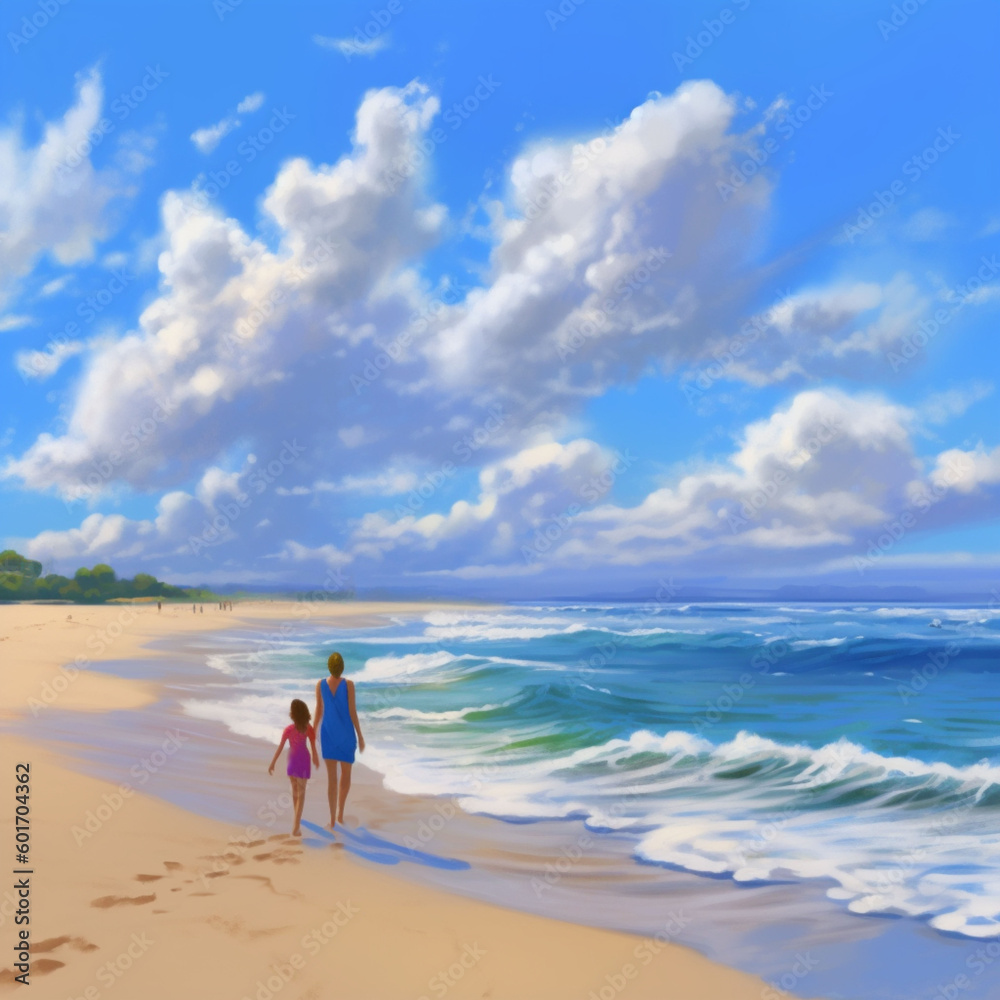 Painting of a mother and child enjoying walking on a beautiful white sandy beach in mid summer