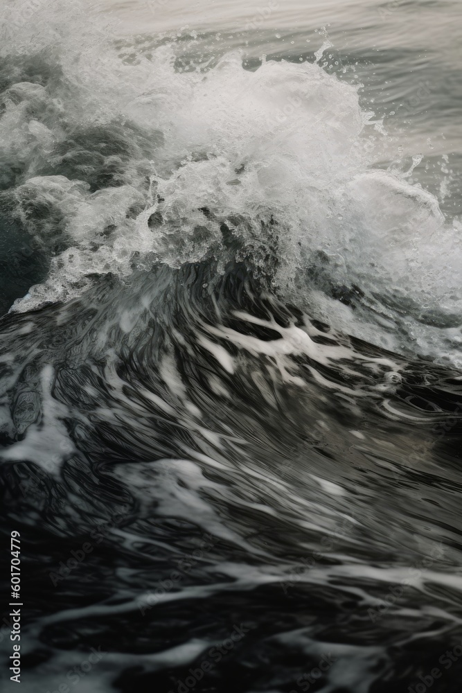 A photo captures a stormy seascape, with the agitated waves of the ocean demonstrating nature's raw power. Amid the foam and spray, this image portrays a dramatic maritime phenomenon. Generative AI.