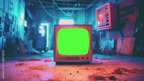 Retro tube tv, 90s television with a glitches, noise, interferenc, green screen in a mystery cyberpunk room. 