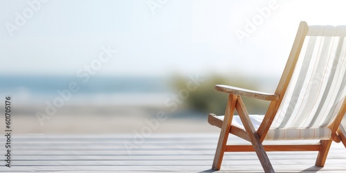 sunscreen, beach chair, sunglasses on the wooden table , with generative ai