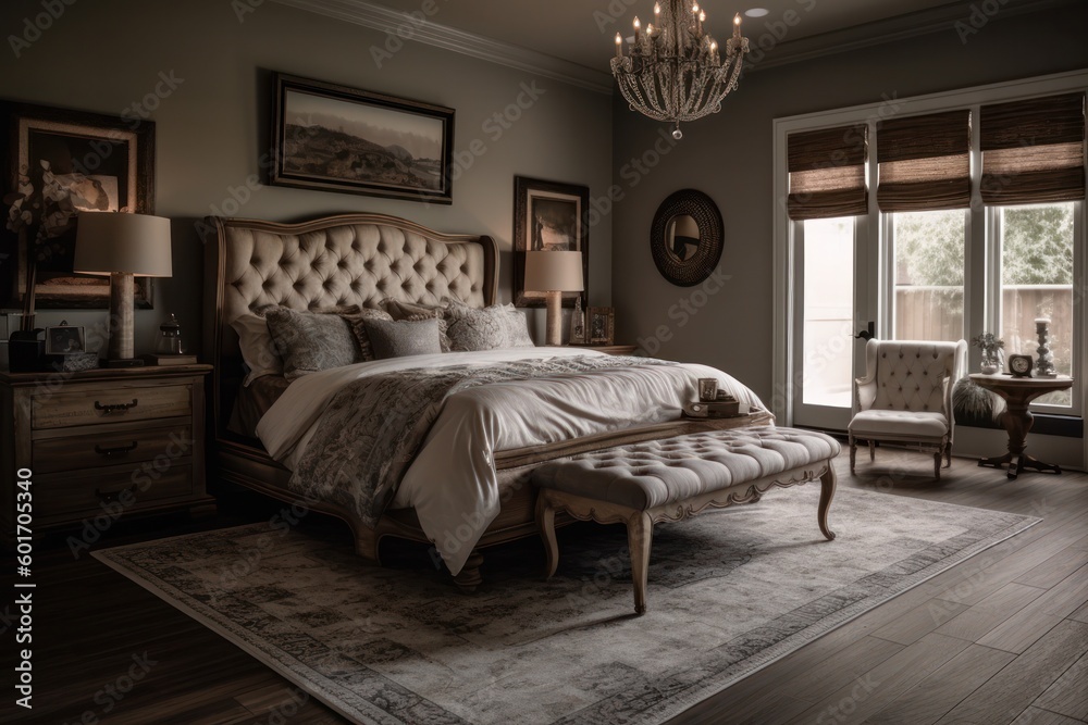 Luxurious and Refined Bedroom Sanctuary Featuring Hardwood Floors, LED Accents, Designer Elements, and Inviting Textures.