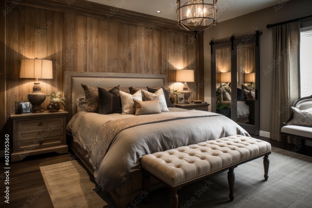 Captivating Elegant Bedroom with Sleek Designer Furnishings, Hardwood Floors, and Sophisticated LED Lighting.