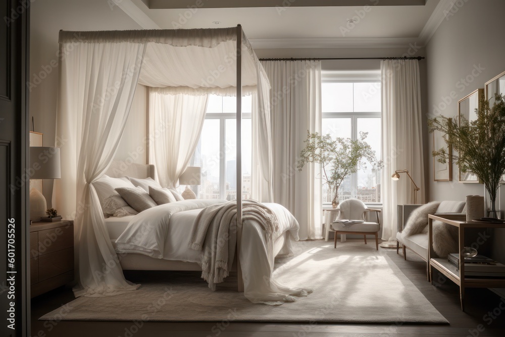 Obraz premium Exquisite Bedroom Featuring Natural Light, Upscale Furniture, and Elegant Design Accents..