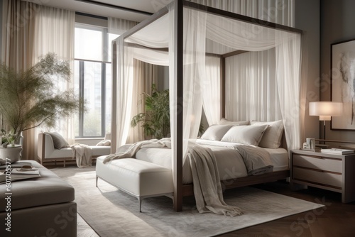 Modern 3D Rendered Bedroom Oasis  Illuminated by Natural Light  Boasting Luxurious Comfort and Style..